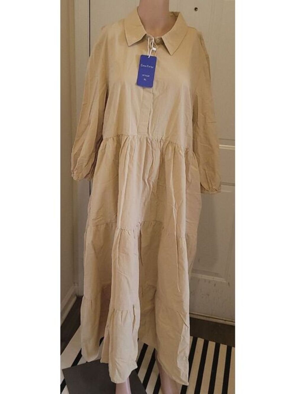 Chouyatou Women's Loose Fit Button Down Cotton beige tiered maxi shirt Dress XL